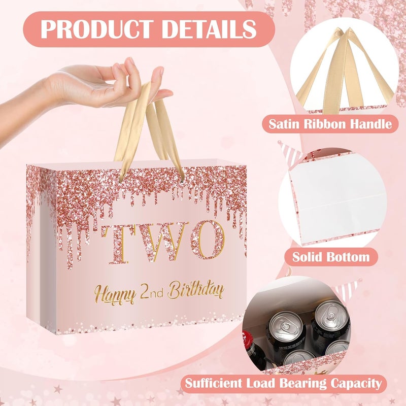 Yoirrat Rose Gold 2nd Birthday Gift Bag for Baby Girls - Large Pink Happy 2nd Birthday Gift Bag with Wrapping Paper and Card for Decorations and Party Supplies - Image 4
